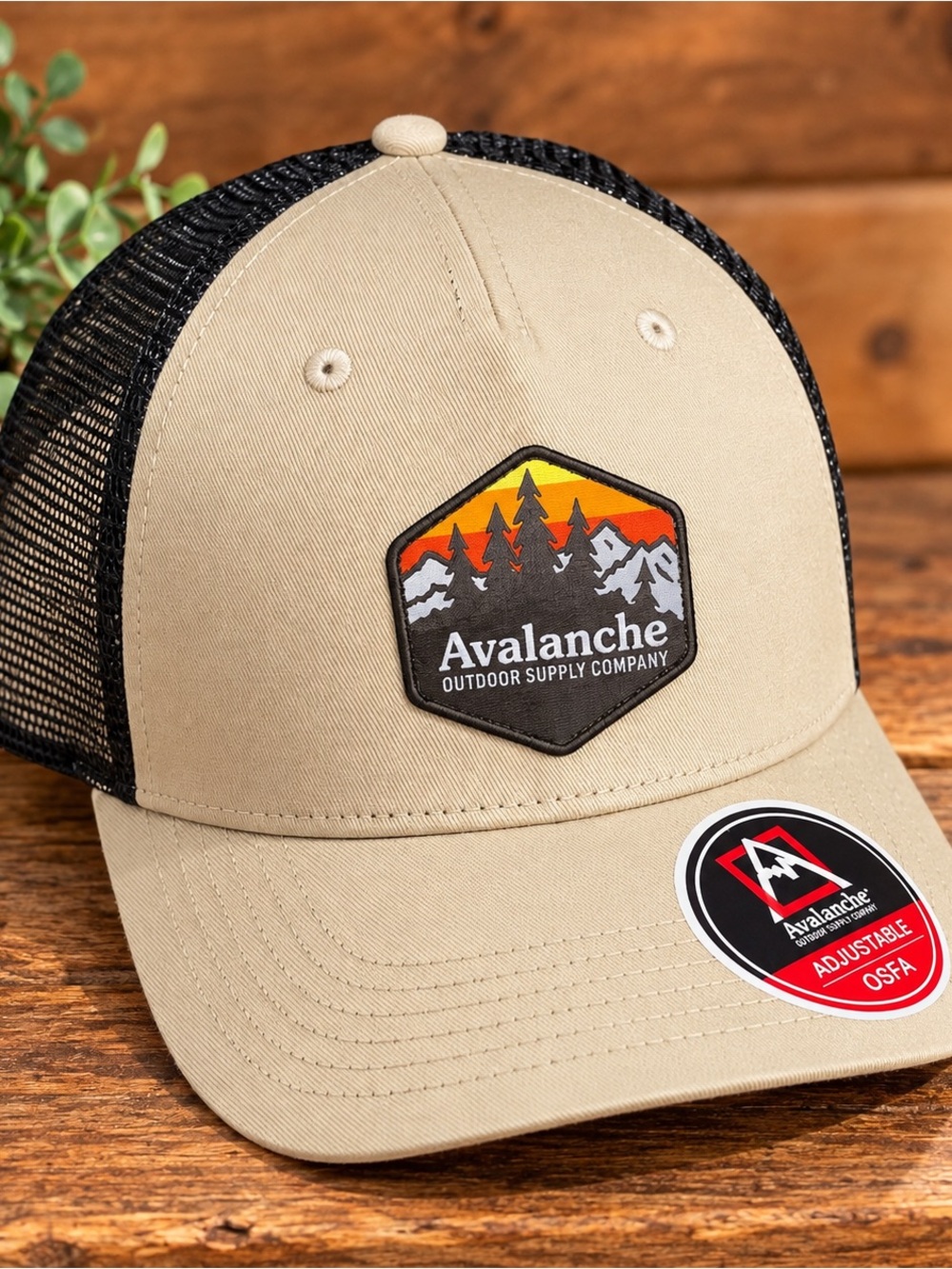 NWT Avalanche Outdoor Supply Trucker Hat Ivory Black Mountain Patch OSFA